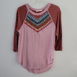 We The Free Pink and Red Top with Embroidered Detail